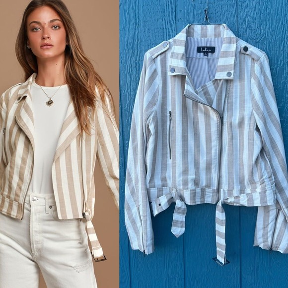 Lulu’s Vacation Signature Taupe and Ivory Striped Belted Moto Jacket Large NEW - Picture 1 of 14